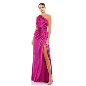 NWT Mac Duggal Gathered One Shoulder Satin Faux Wrap Gown Berry 4 #A0192